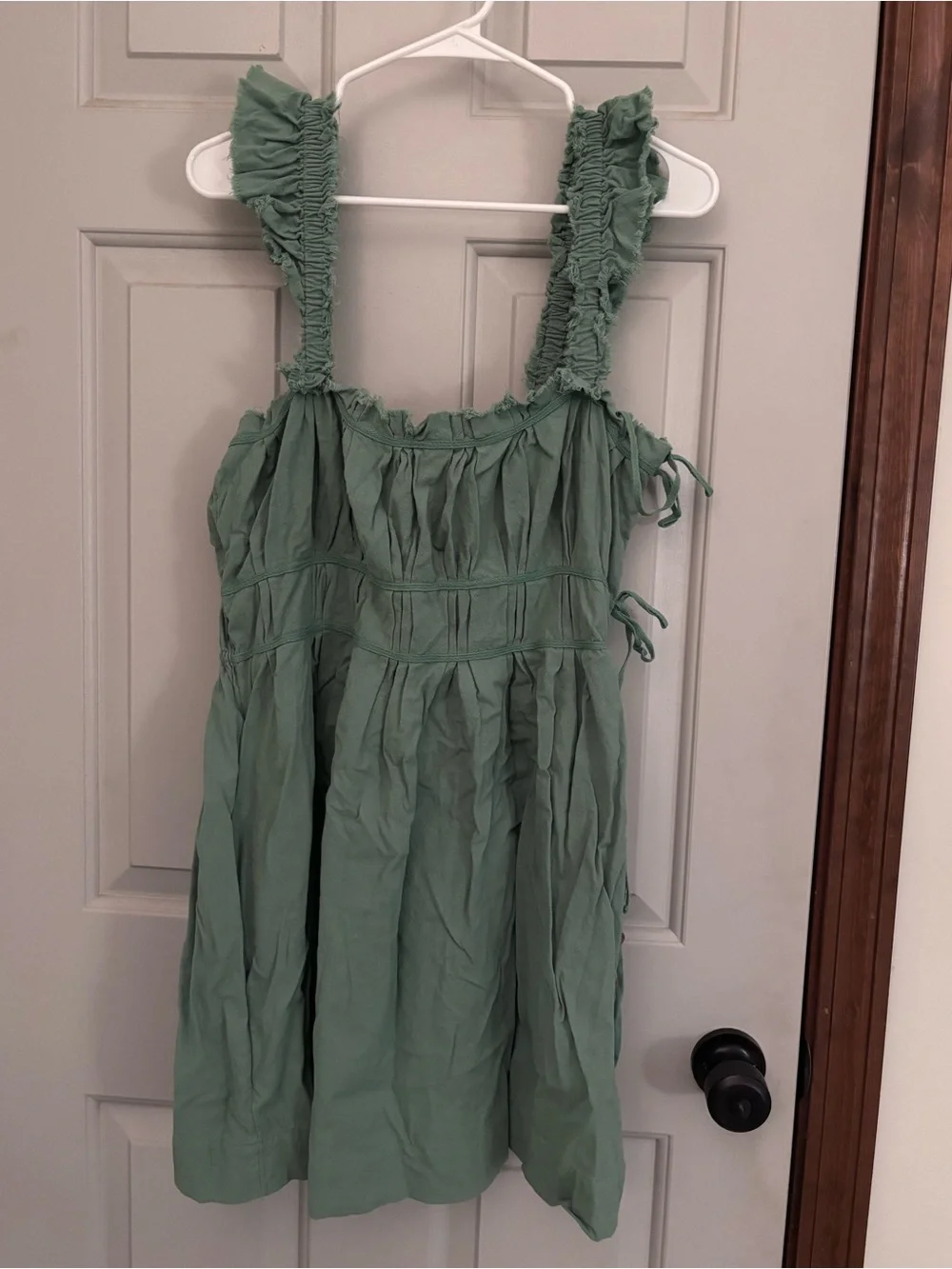 Free People Sage Green Ruffled Strap Mini Cotton Sundress sz XL pockets buttons - Picture 1 of 8